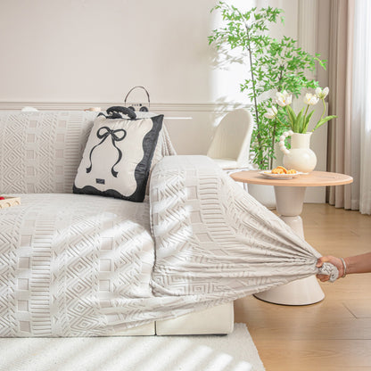 High Stretch Embossed Geometric Slipcover for Couch, Cozy Plush Fleece Couch Cover