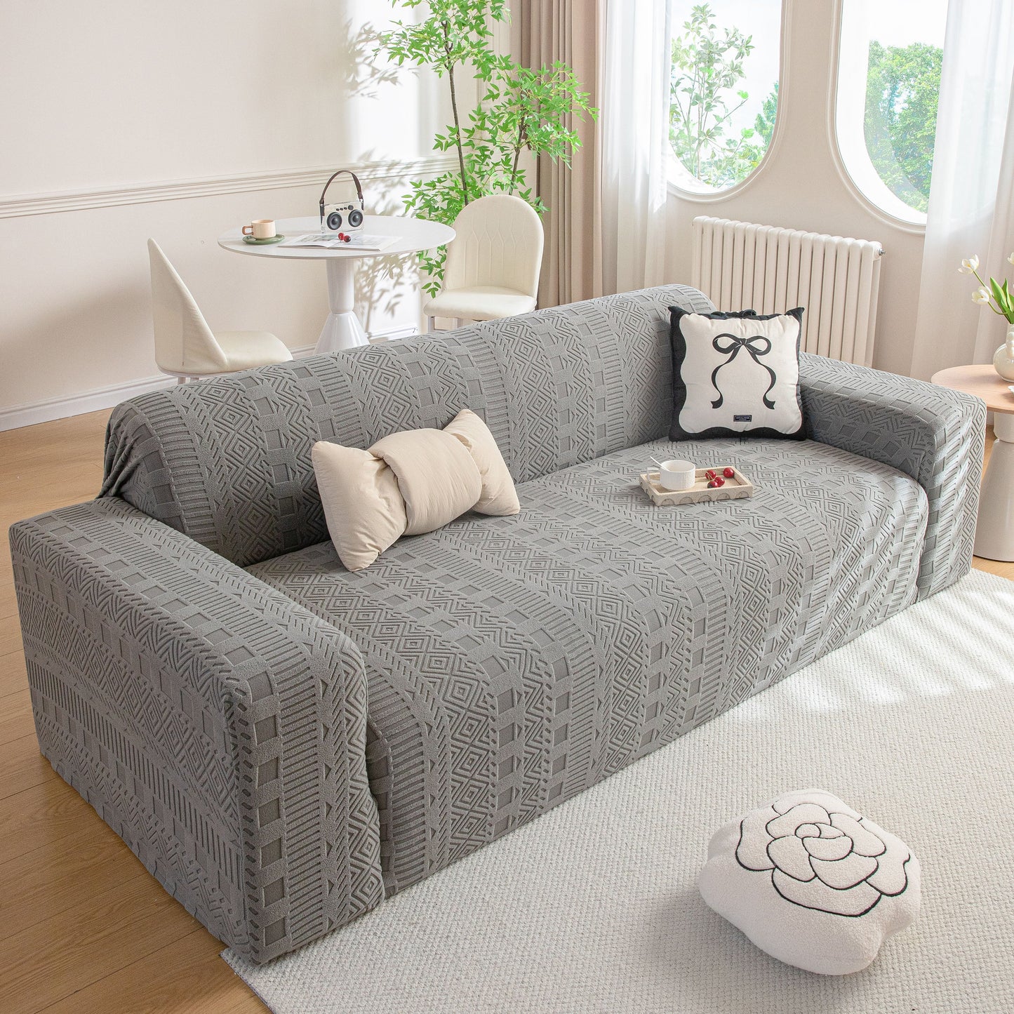 High Stretch Embossed Geometric Slipcover for Couch, Cozy Plush Fleece Couch Cover