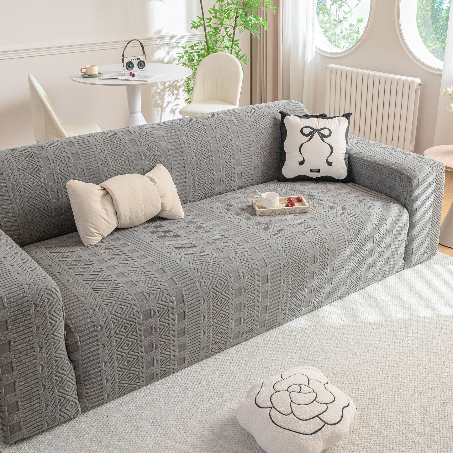 High Stretch Embossed Geometric Slipcover for Couch, Cozy Plush Fleece Couch Cover