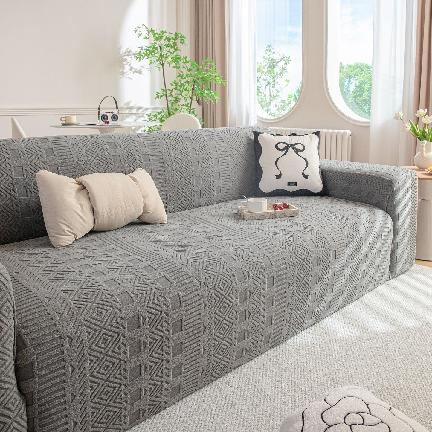 High Stretch Embossed Geometric Slipcover for Couch, Cozy Plush Fleece Couch Cover