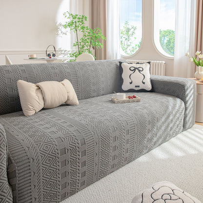 High Stretch Embossed Geometric Slipcover for Couch, Cozy Plush Fleece Couch Cover