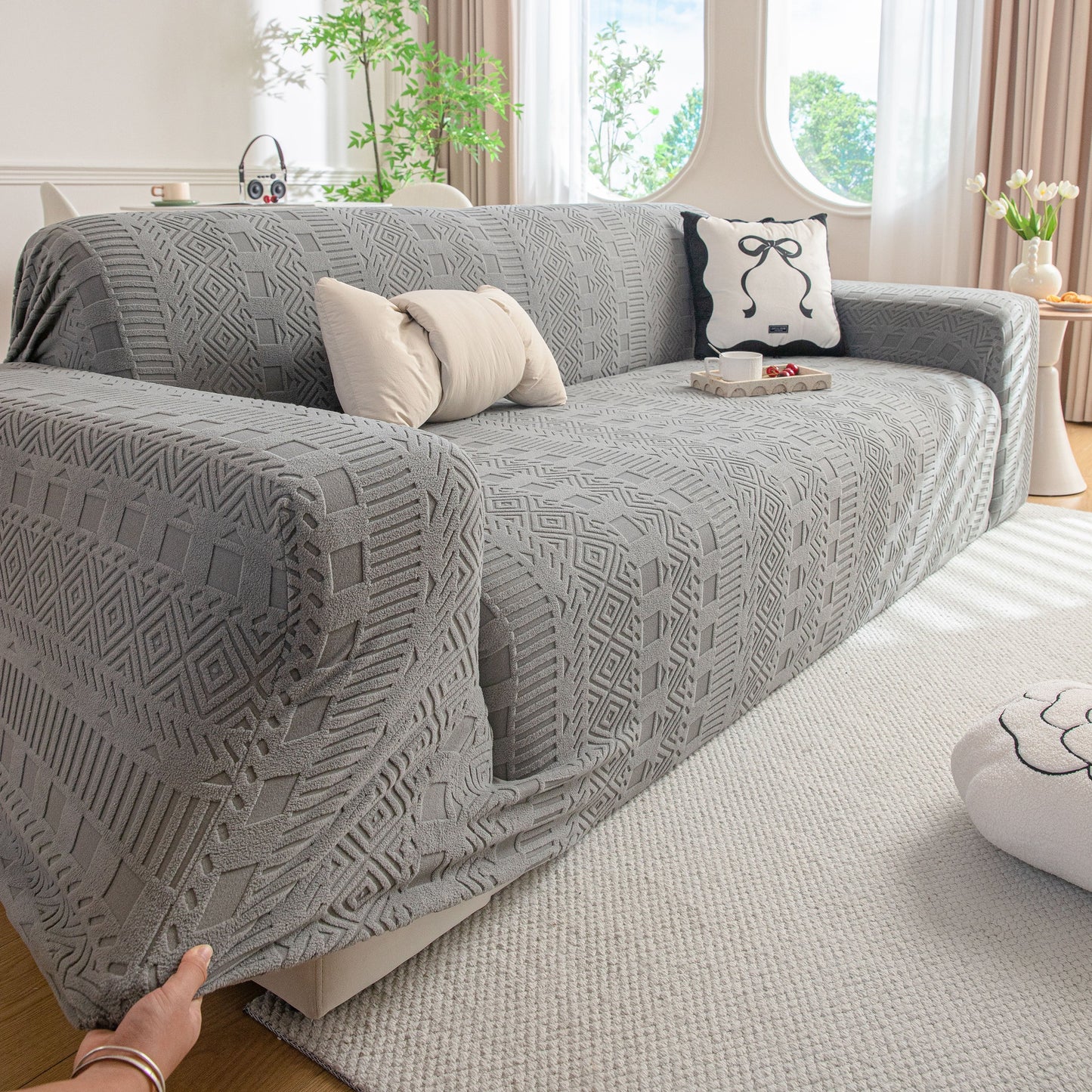 High Stretch Embossed Geometric Slipcover for Couch, Cozy Plush Fleece Couch Cover