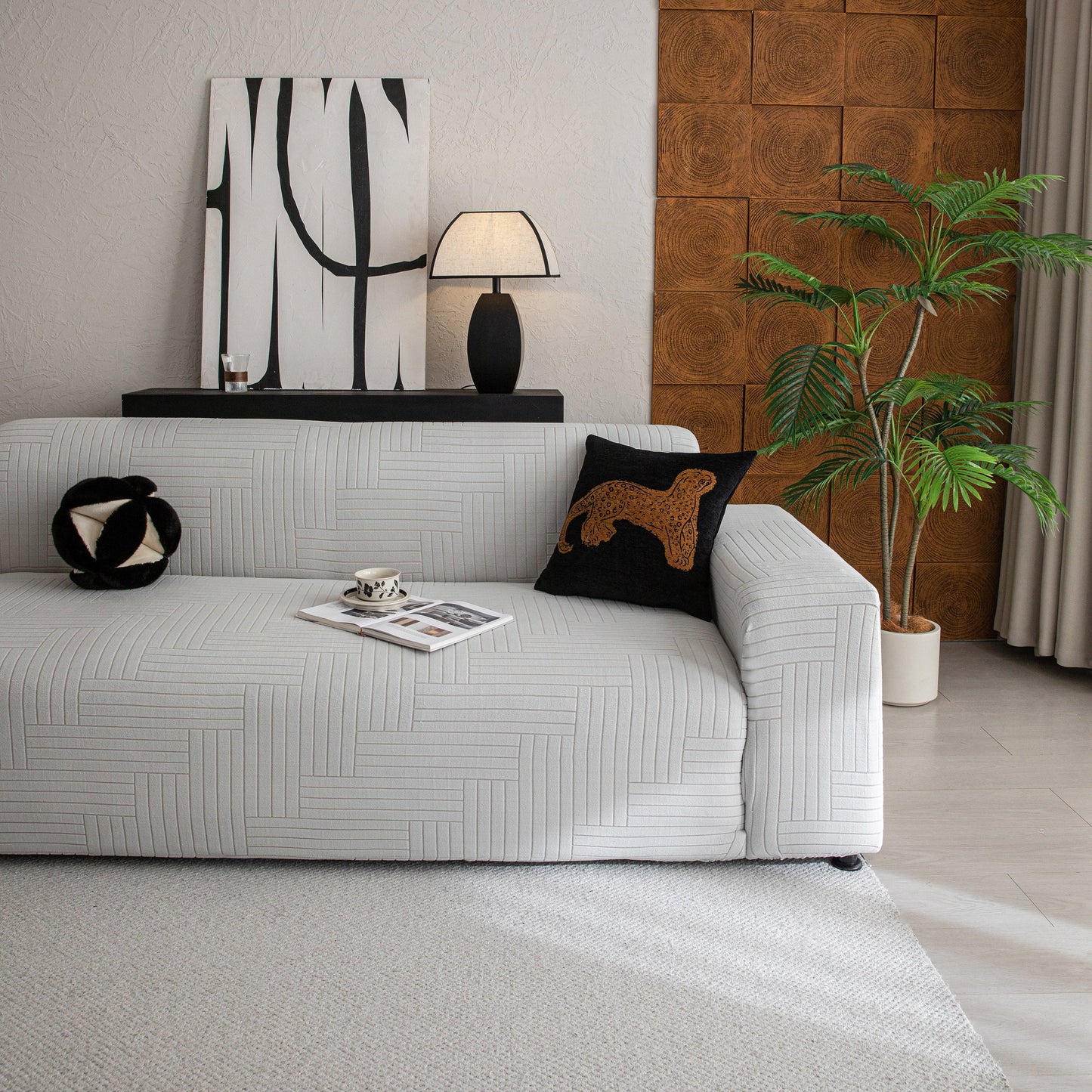 Modern Geometric Jacquard Spandex Slipcover, High Stretch Form Fitting Couch Cover