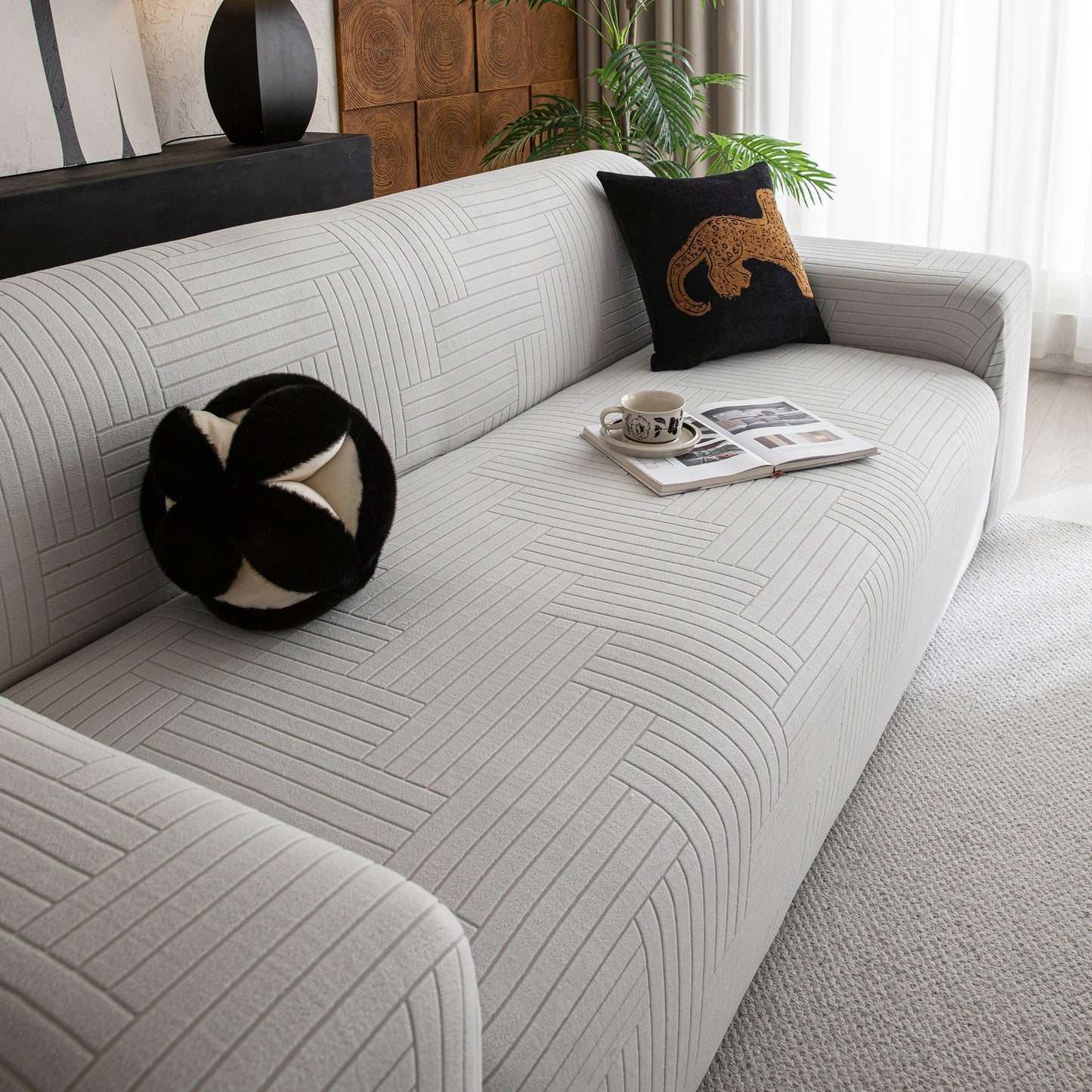 Modern Geometric Jacquard Spandex Slipcover, High Stretch Form Fitting Couch Cover