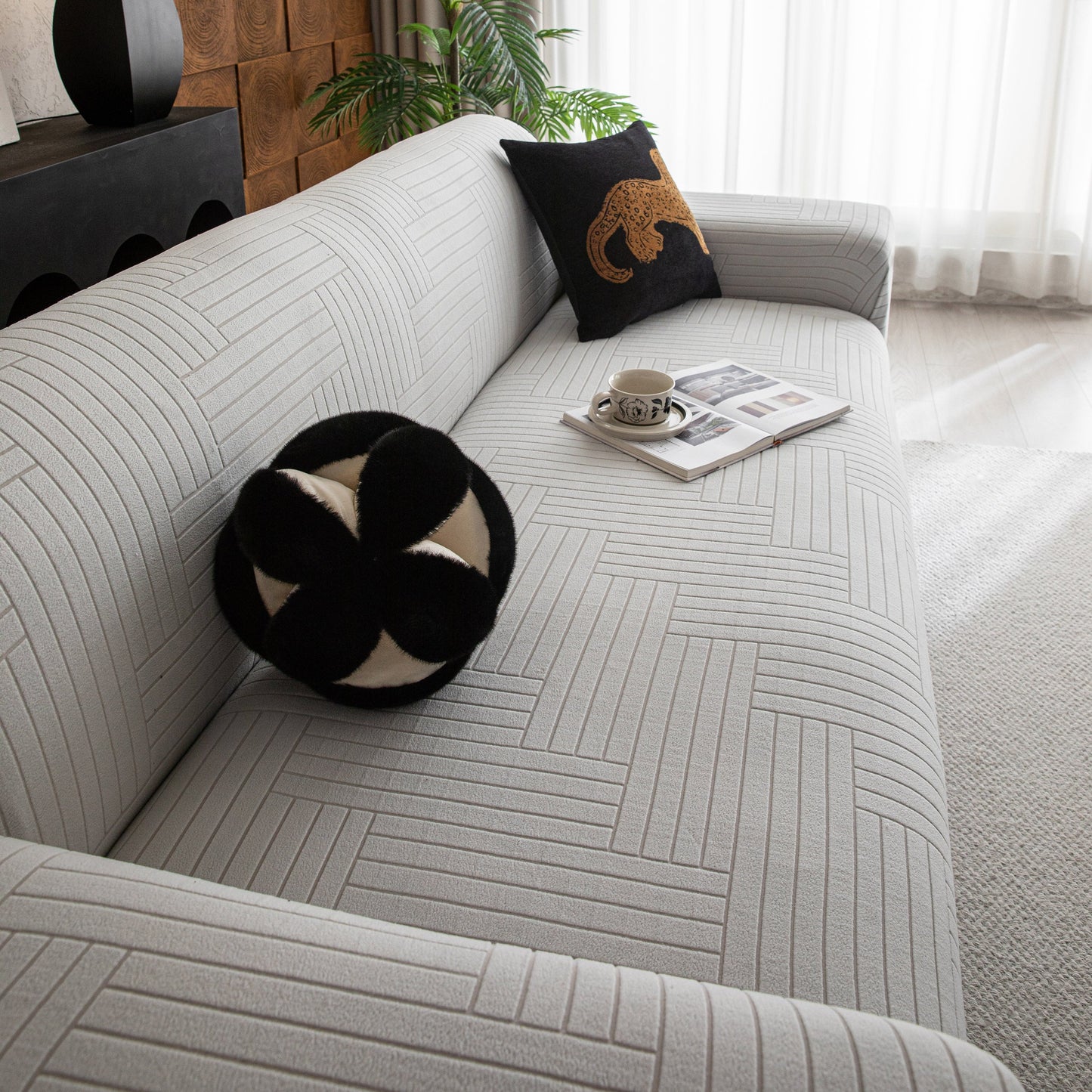 Modern Geometric Jacquard Spandex Slipcover, High Stretch Form Fitting Couch Cover