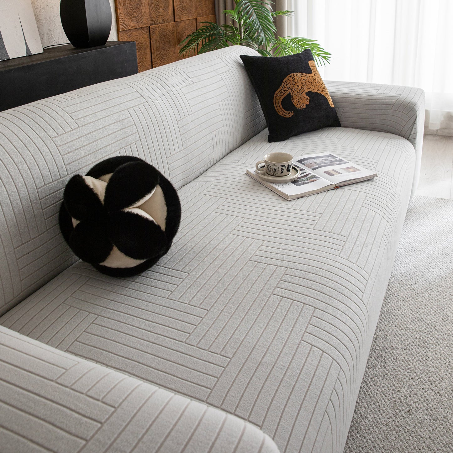 Modern Geometric Jacquard Spandex Slipcover, High Stretch Form Fitting Couch Cover