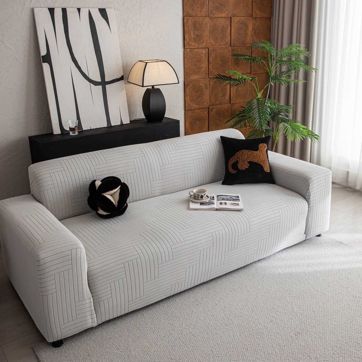 Modern Geometric Jacquard Spandex Slipcover, High Stretch Form Fitting Couch Cover