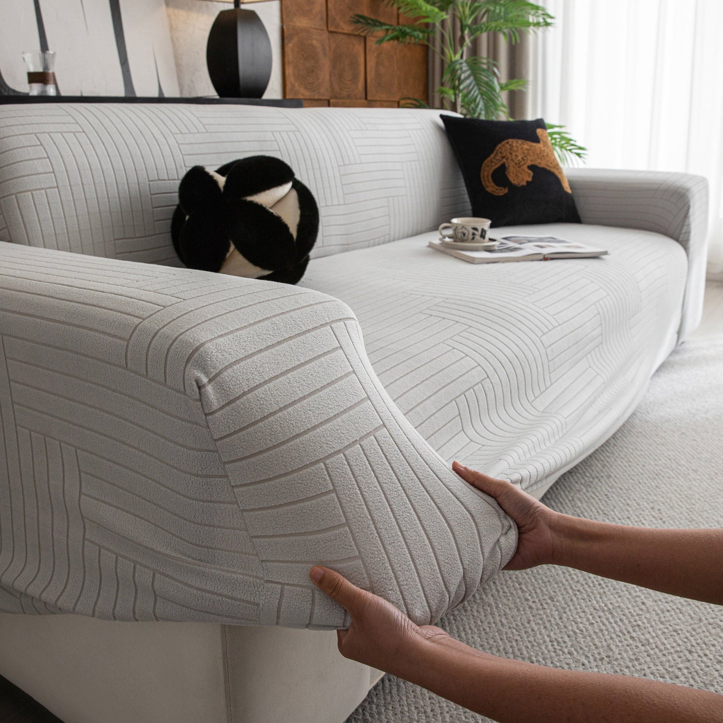 Modern Geometric Jacquard Spandex Slipcover, High Stretch Form Fitting Couch Cover