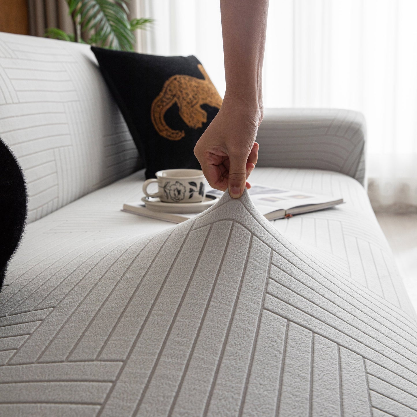 Modern Geometric Jacquard Spandex Slipcover, High Stretch Form Fitting Couch Cover