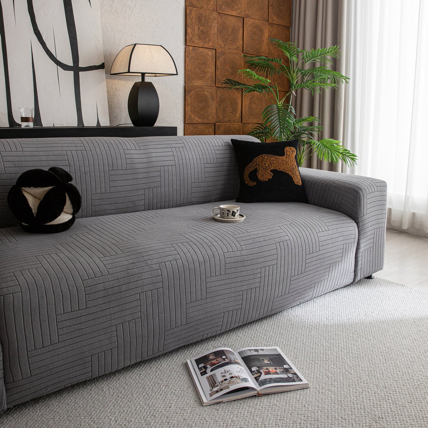 Modern Geometric Jacquard Spandex Slipcover, High Stretch Form Fitting Couch Cover