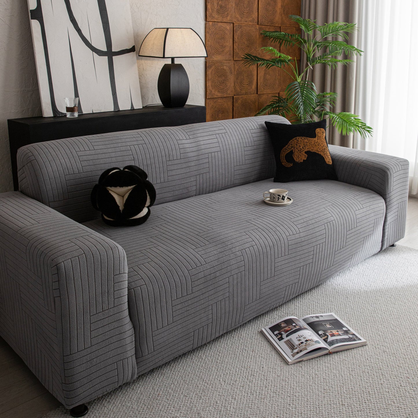 Modern Geometric Jacquard Spandex Slipcover, High Stretch Form Fitting Couch Cover