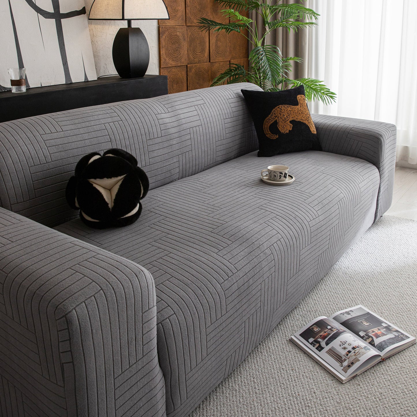 Modern Geometric Jacquard Spandex Slipcover, High Stretch Form Fitting Couch Cover