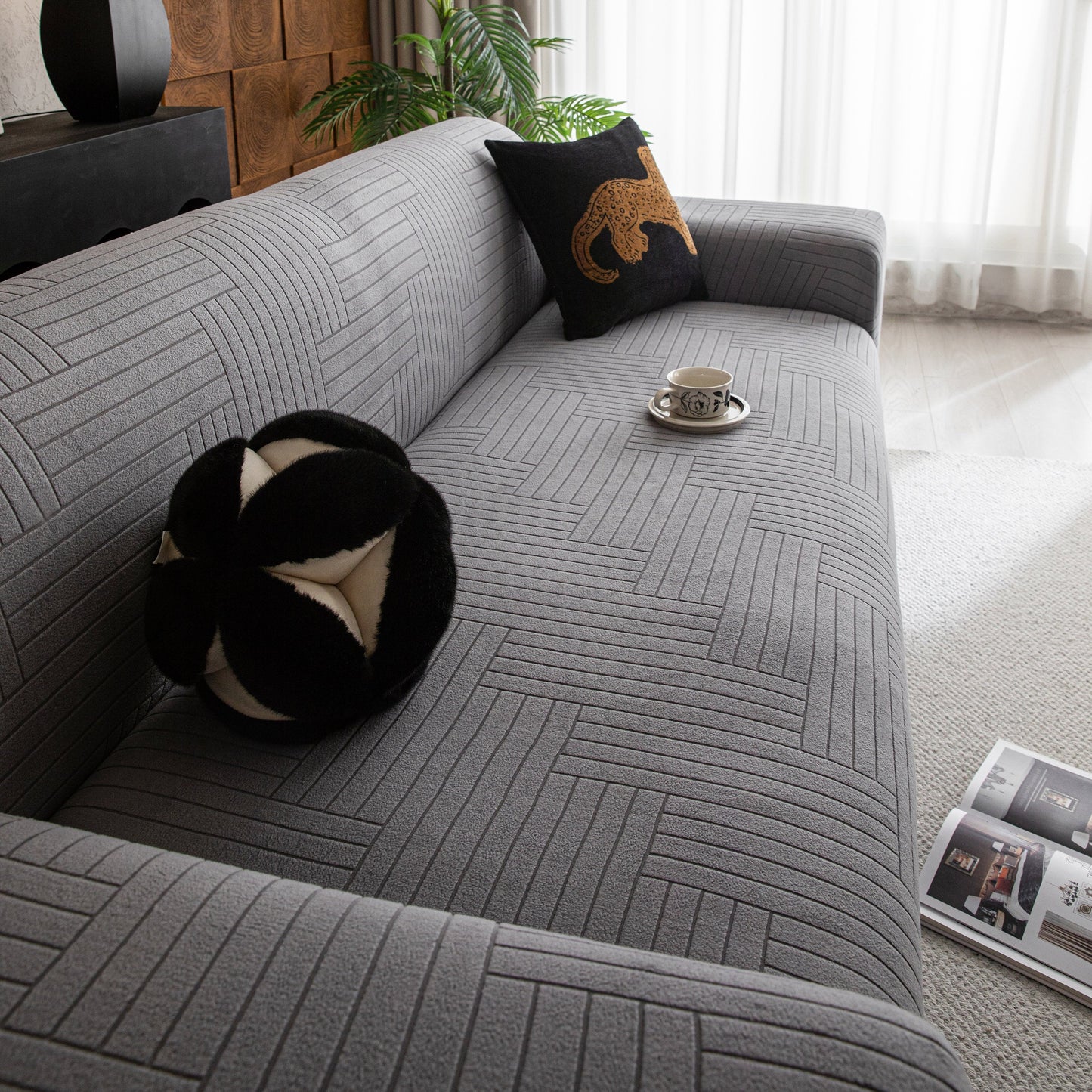 Modern Geometric Jacquard Spandex Slipcover, High Stretch Form Fitting Couch Cover