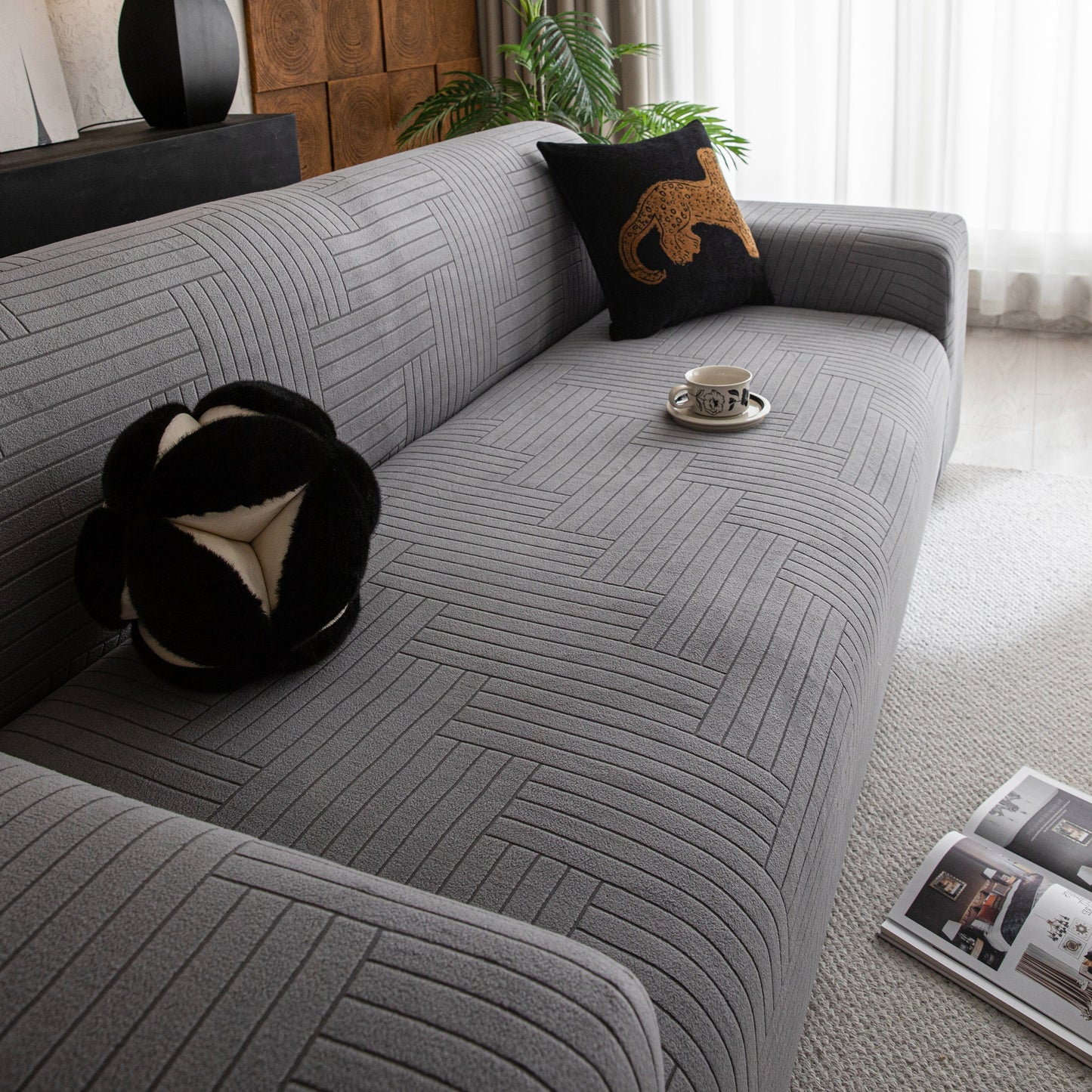 Modern Geometric Jacquard Spandex Slipcover, High Stretch Form Fitting Couch Cover