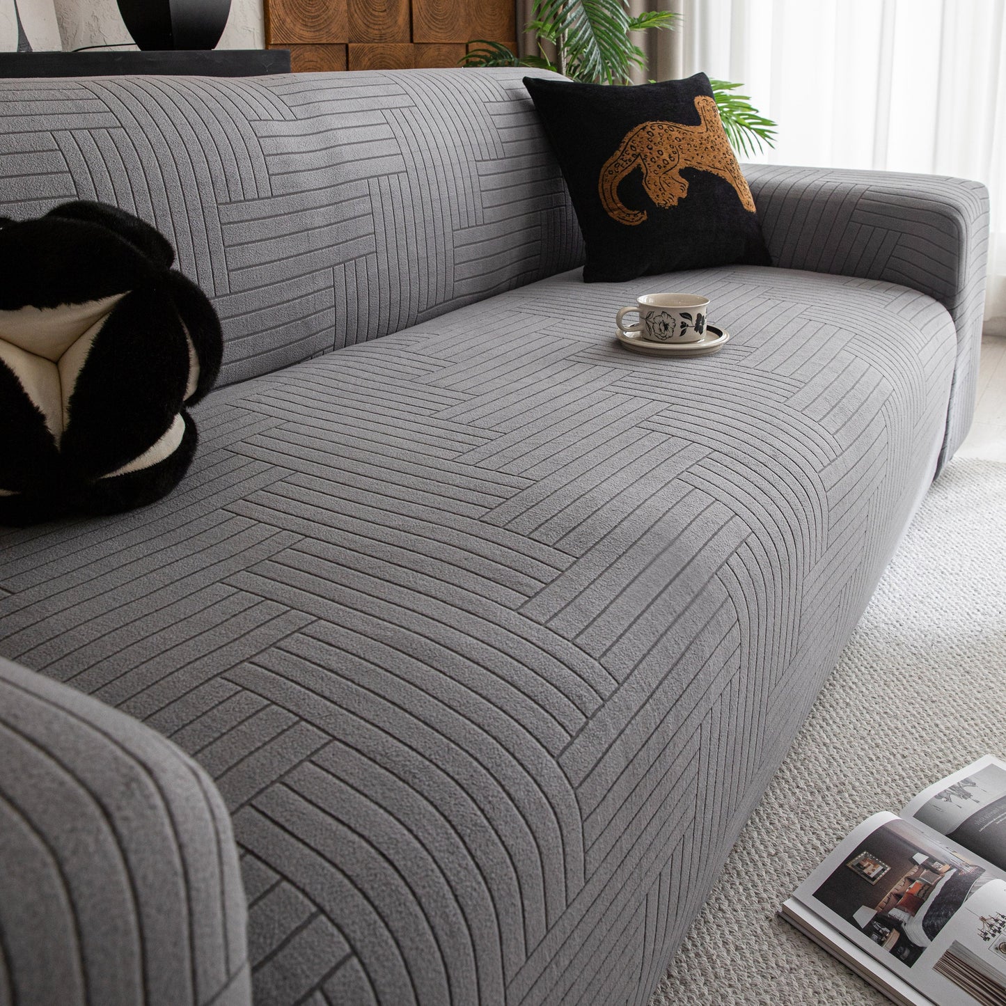 Modern Geometric Jacquard Spandex Slipcover, High Stretch Form Fitting Couch Cover