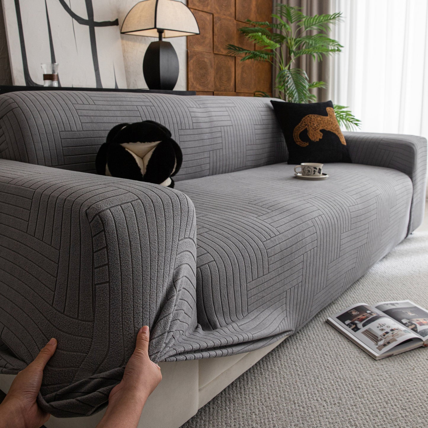 Modern Geometric Jacquard Spandex Slipcover, High Stretch Form Fitting Couch Cover