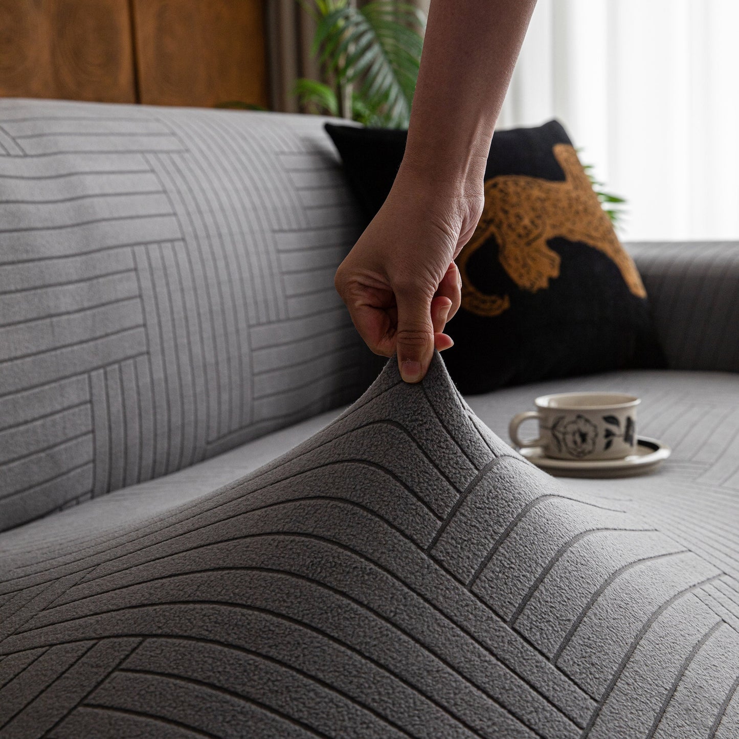 Modern Geometric Jacquard Spandex Slipcover, High Stretch Form Fitting Couch Cover