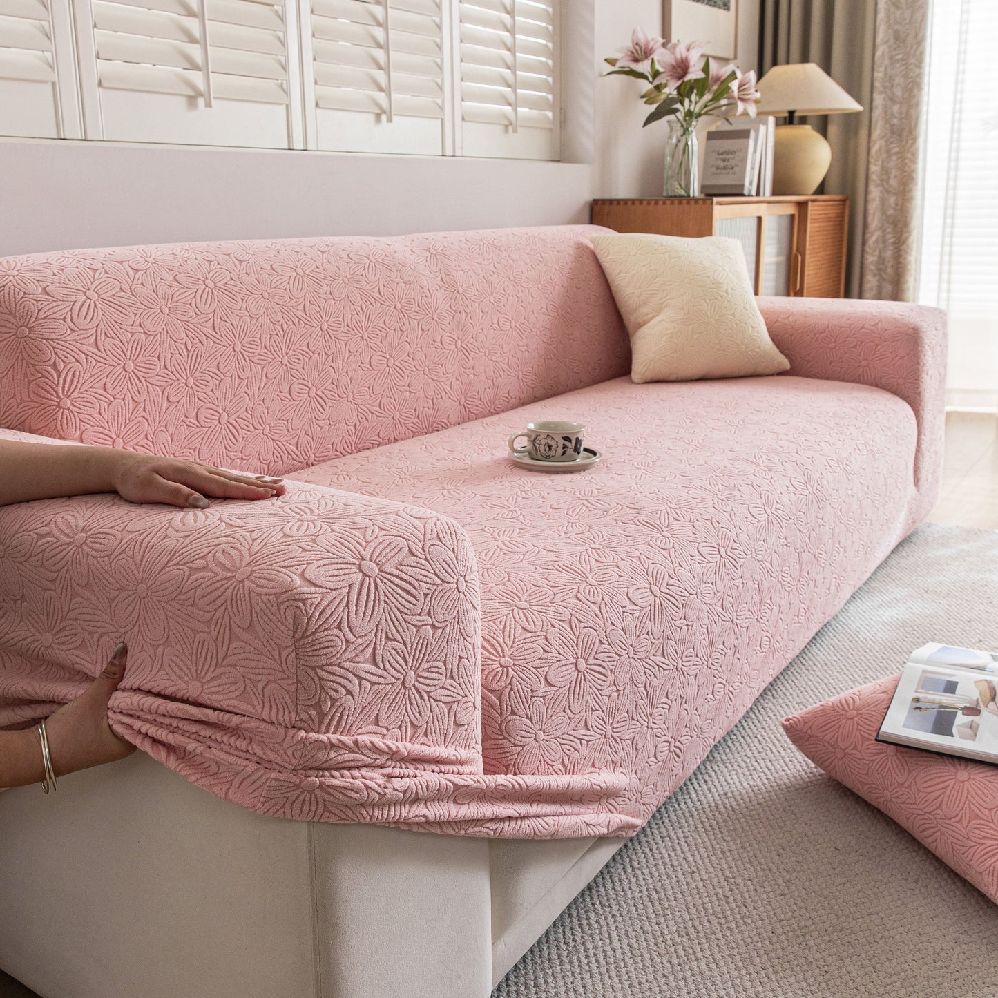 High Elastic Floral Couch Slipcover, Jacquard Stretch Non-Slip Furniture Protector