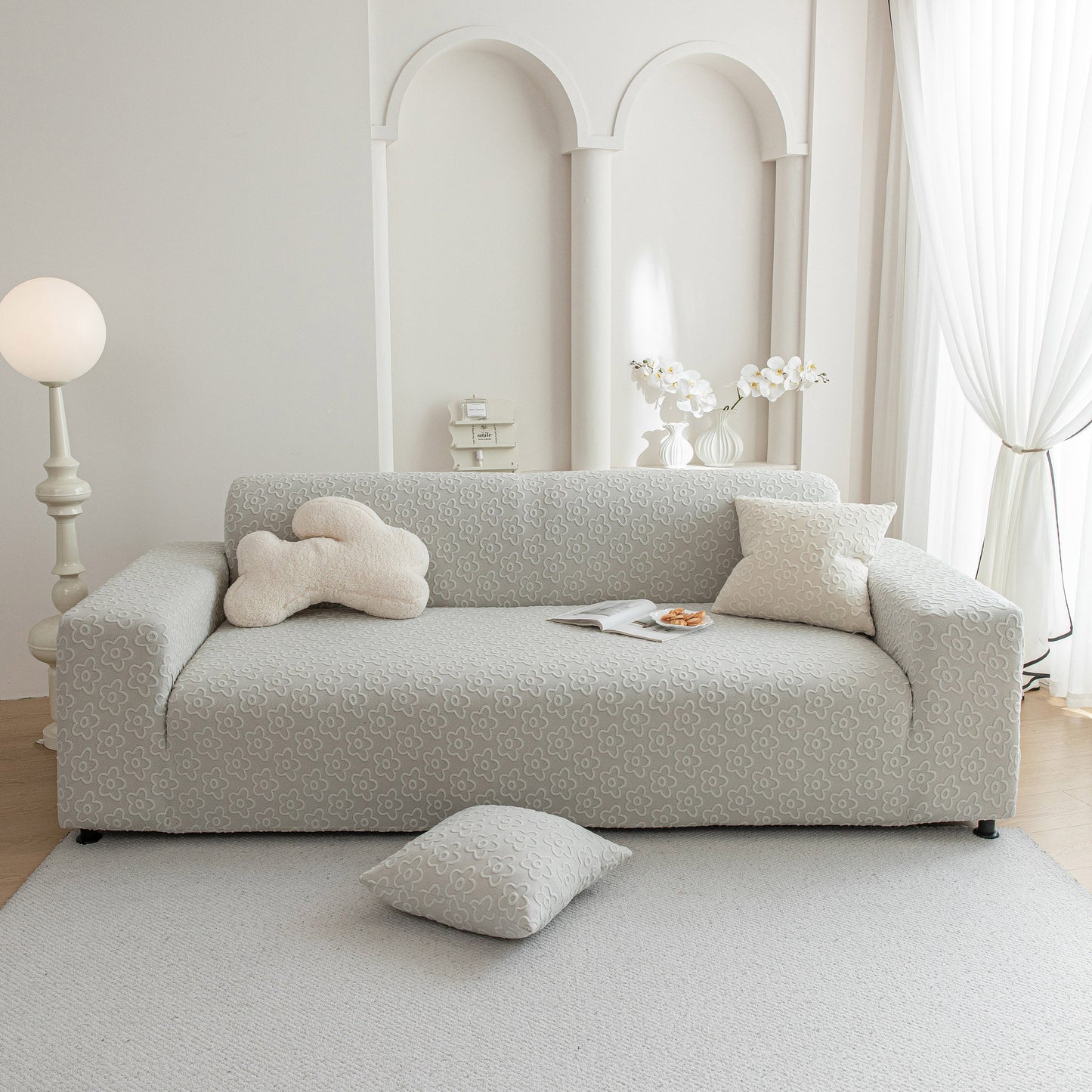 High Stretch Jacquard Sofa Slipcover, Soft Spandex Textured Floral Couch Cover
