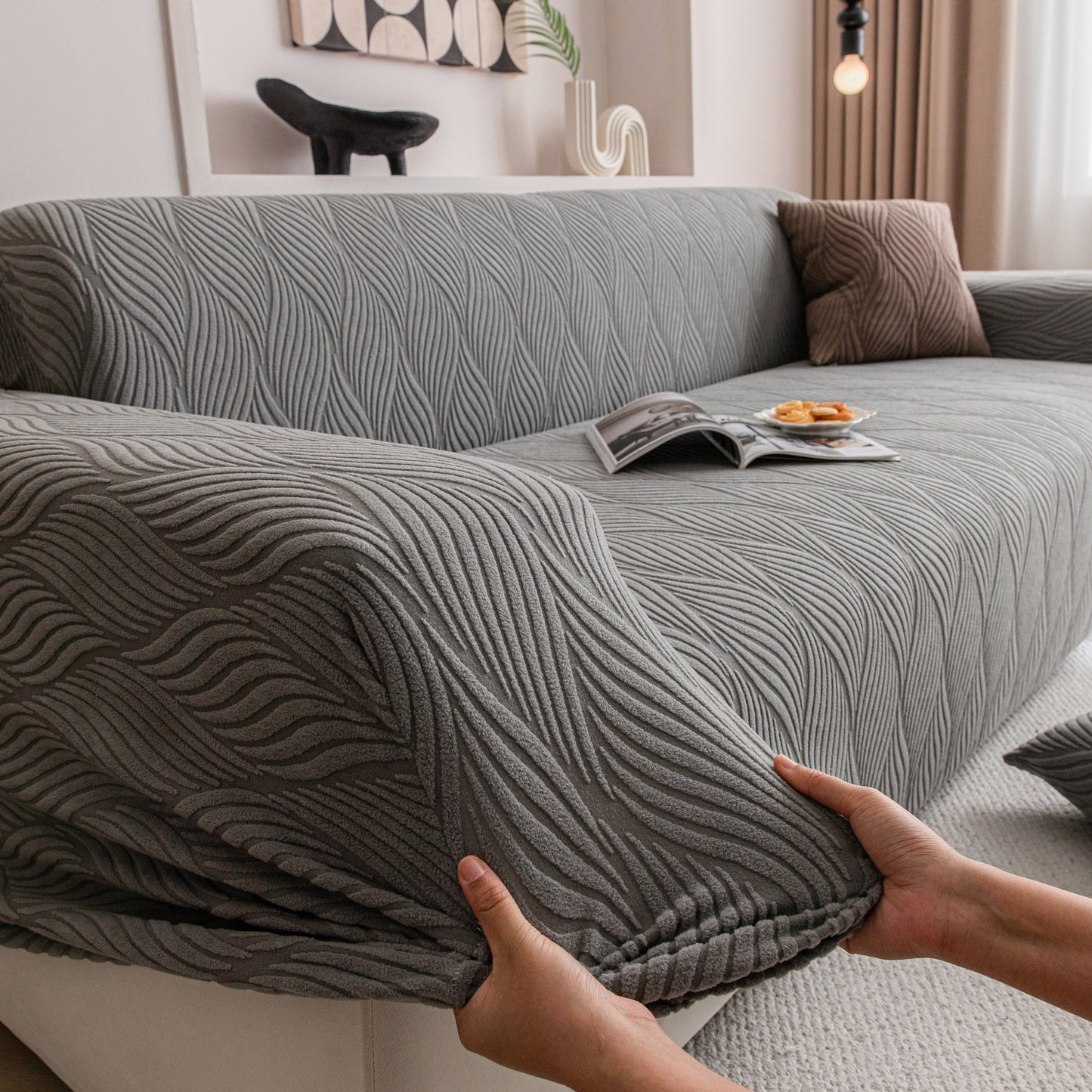 Modern Wavy Jacquard Sofa Slipcover, High Stretch Sofa Cover with 3D Organic Texture