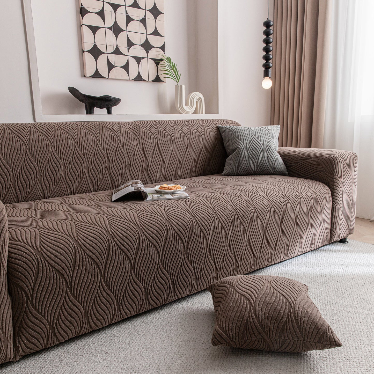 Modern Wavy Jacquard Sofa Slipcover, High Stretch Sofa Cover with 3D Organic Texture