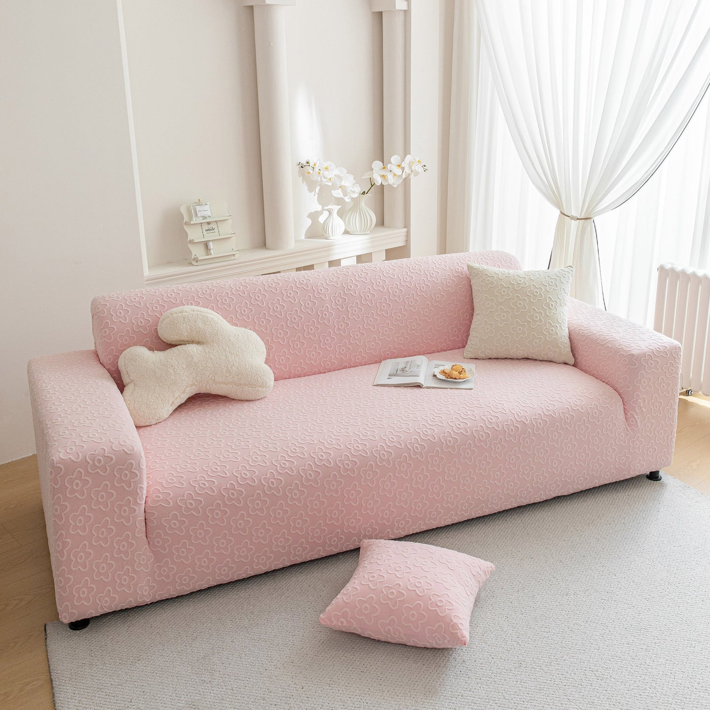 High Stretch Jacquard Sofa Slipcover, Soft Spandex Textured Floral Couch Cover