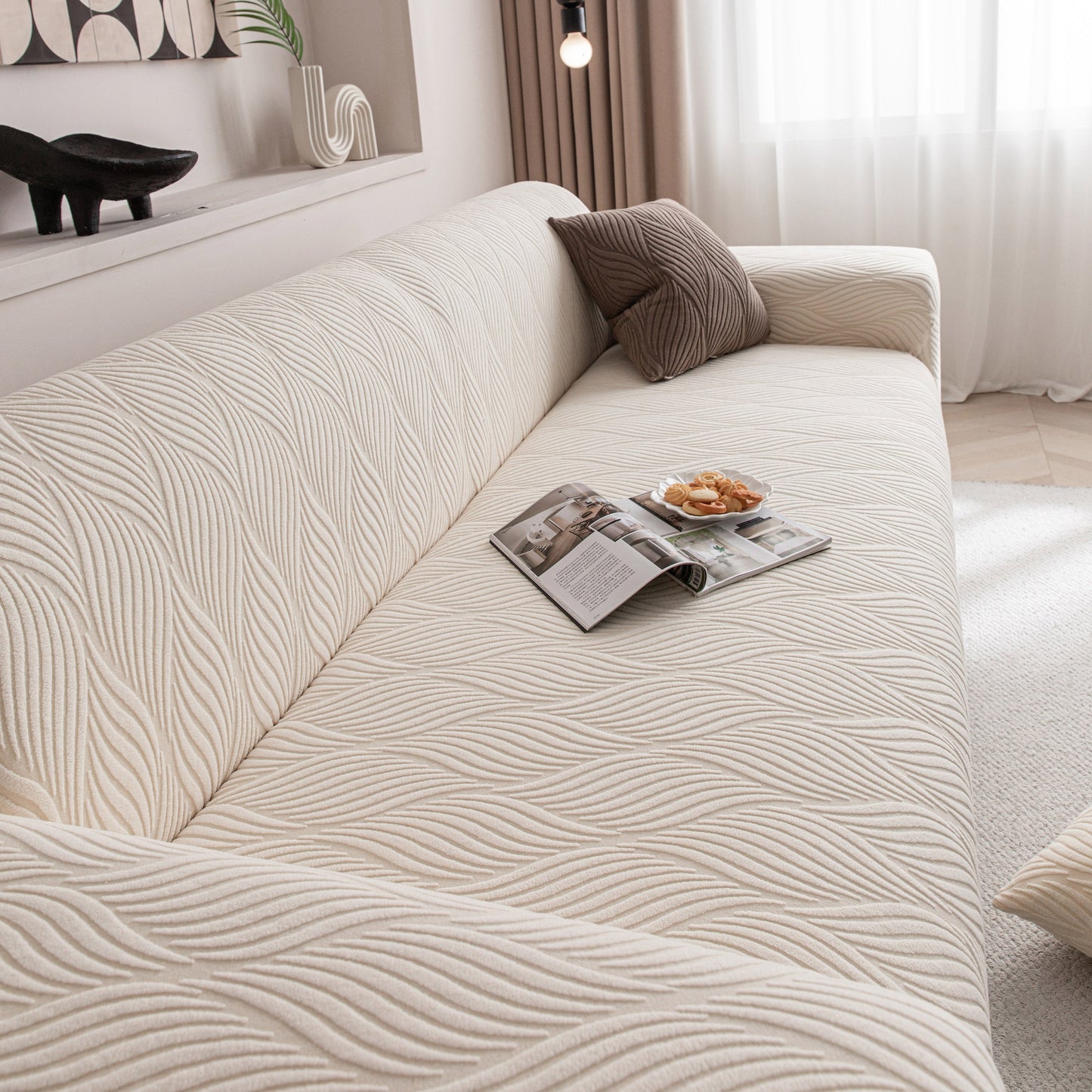 Modern Wavy Jacquard Sofa Slipcover, High Stretch Sofa Cover with 3D Organic Texture