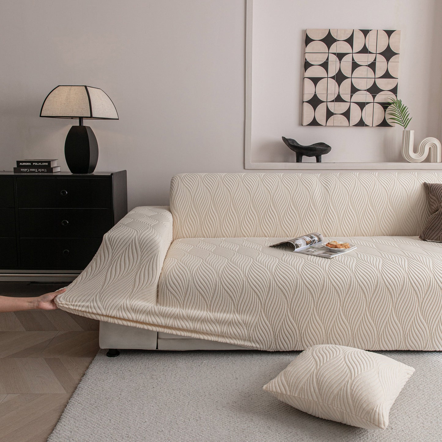 Modern Wavy Jacquard Sofa Slipcover, High Stretch Sofa Cover with 3D Organic Texture
