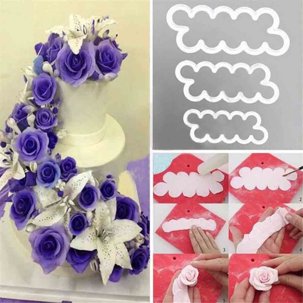 3Pcs 3D Rose Flower Cutter Fondant Sugar Kuchen