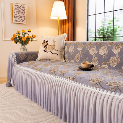 French Country Floral Sofa Cover with Ruffled Skirt, Farmhouse Decor for Living Room