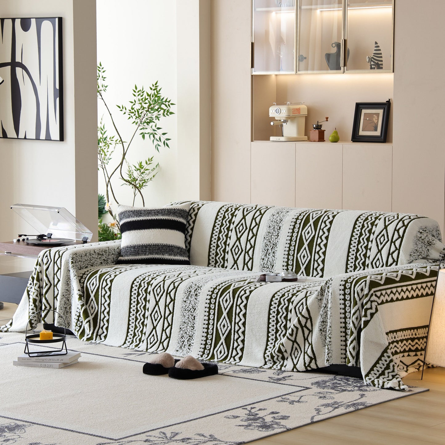 Bohemian Tufted Sofa Cover, Plush Sherpa Throw Blanket with 3D Woven Aztec Stripes