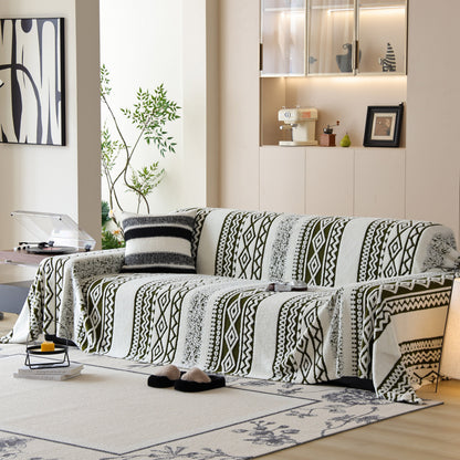 Bohemian Tufted Sofa Cover, Plush Sherpa Throw Blanket with 3D Woven Aztec Stripes