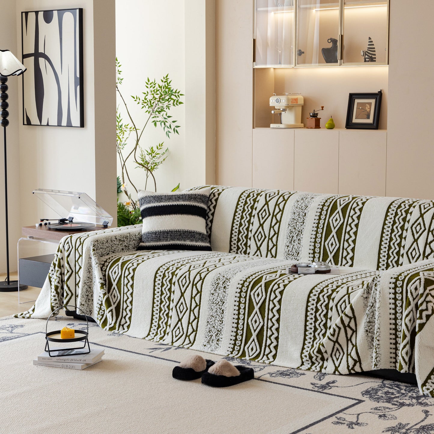 Bohemian Tufted Sofa Cover, Plush Sherpa Throw Blanket with 3D Woven Aztec Stripes