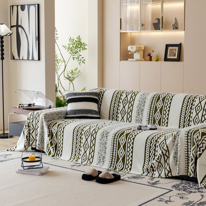 Bohemian Tufted Sofa Cover, Plush Sherpa Throw Blanket with 3D Woven Aztec Stripes