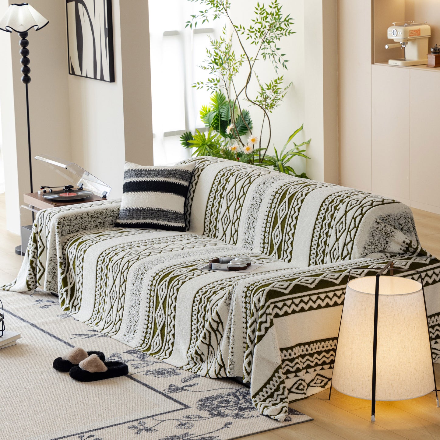Bohemian Tufted Sofa Cover, Plush Sherpa Throw Blanket with 3D Woven Aztec Stripes