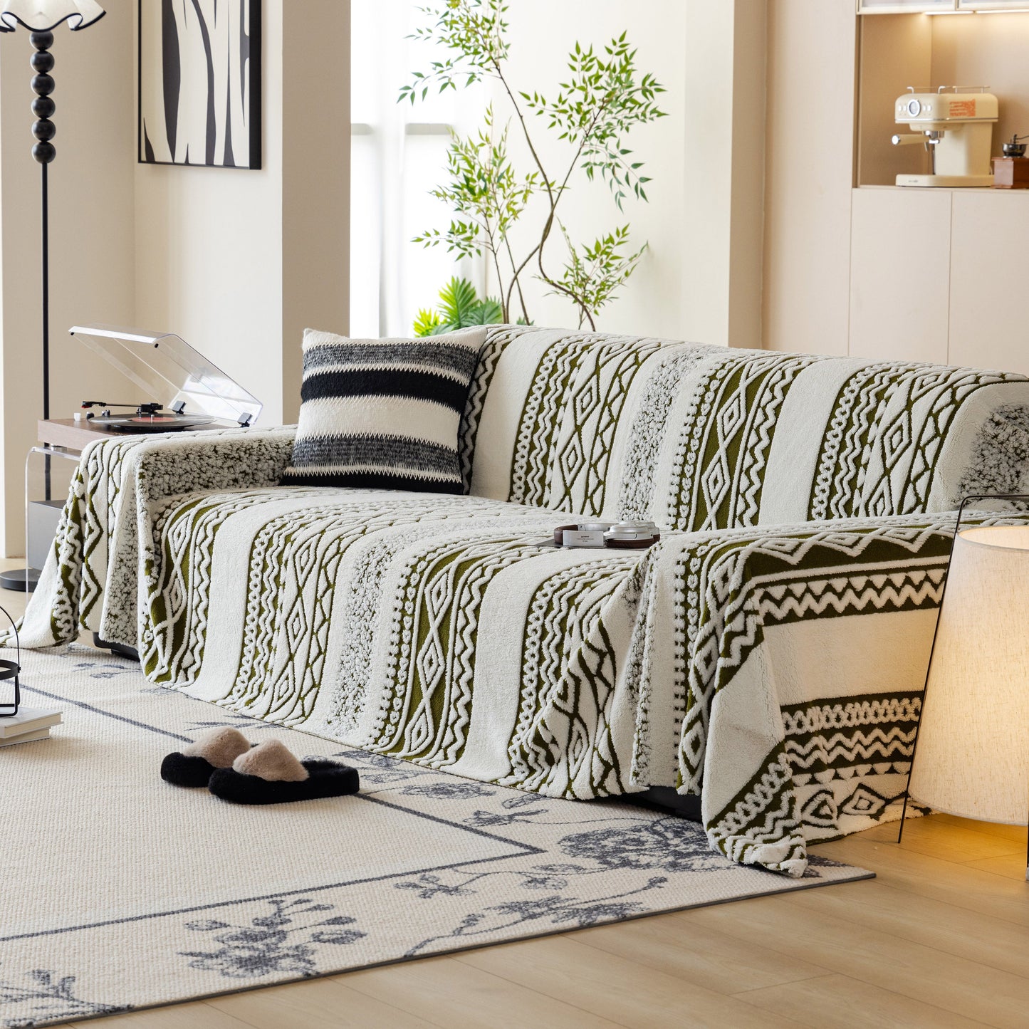 Bohemian Tufted Sofa Cover, Plush Sherpa Throw Blanket with 3D Woven Aztec Stripes