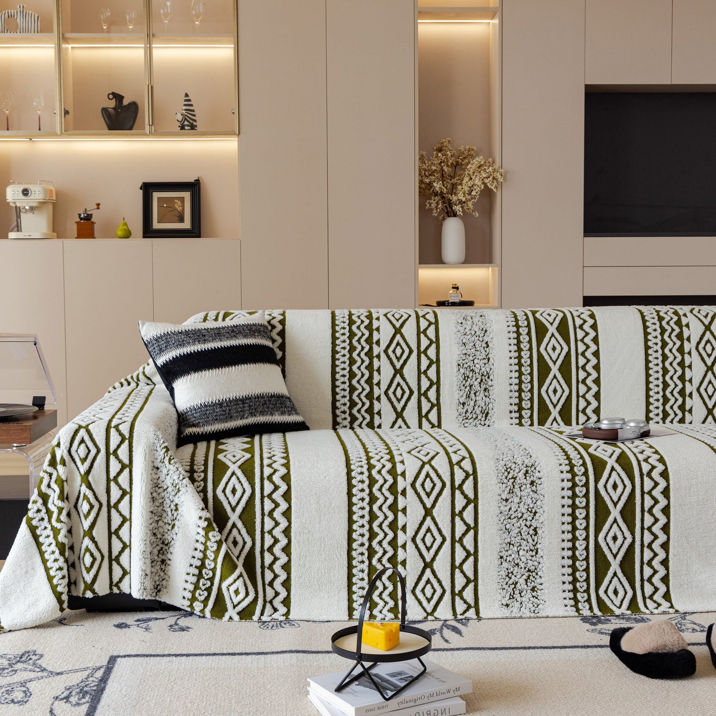 Bohemian Tufted Sofa Cover, Plush Sherpa Throw Blanket with 3D Woven Aztec Stripes