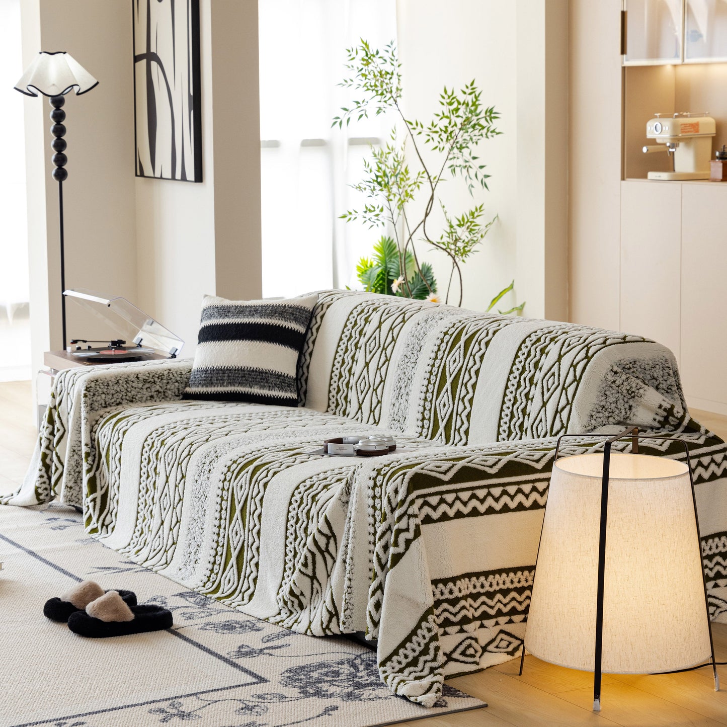 Bohemian Tufted Sofa Cover, Plush Sherpa Throw Blanket with 3D Woven Aztec Stripes
