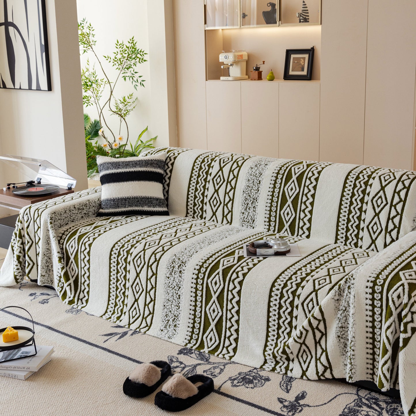 Bohemian Tufted Sofa Cover, Plush Sherpa Throw Blanket with 3D Woven Aztec Stripes