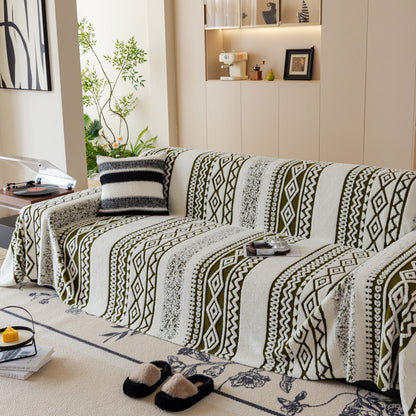 Bohemian Tufted Sofa Cover, Plush Sherpa Throw Blanket with 3D Woven Aztec Stripes