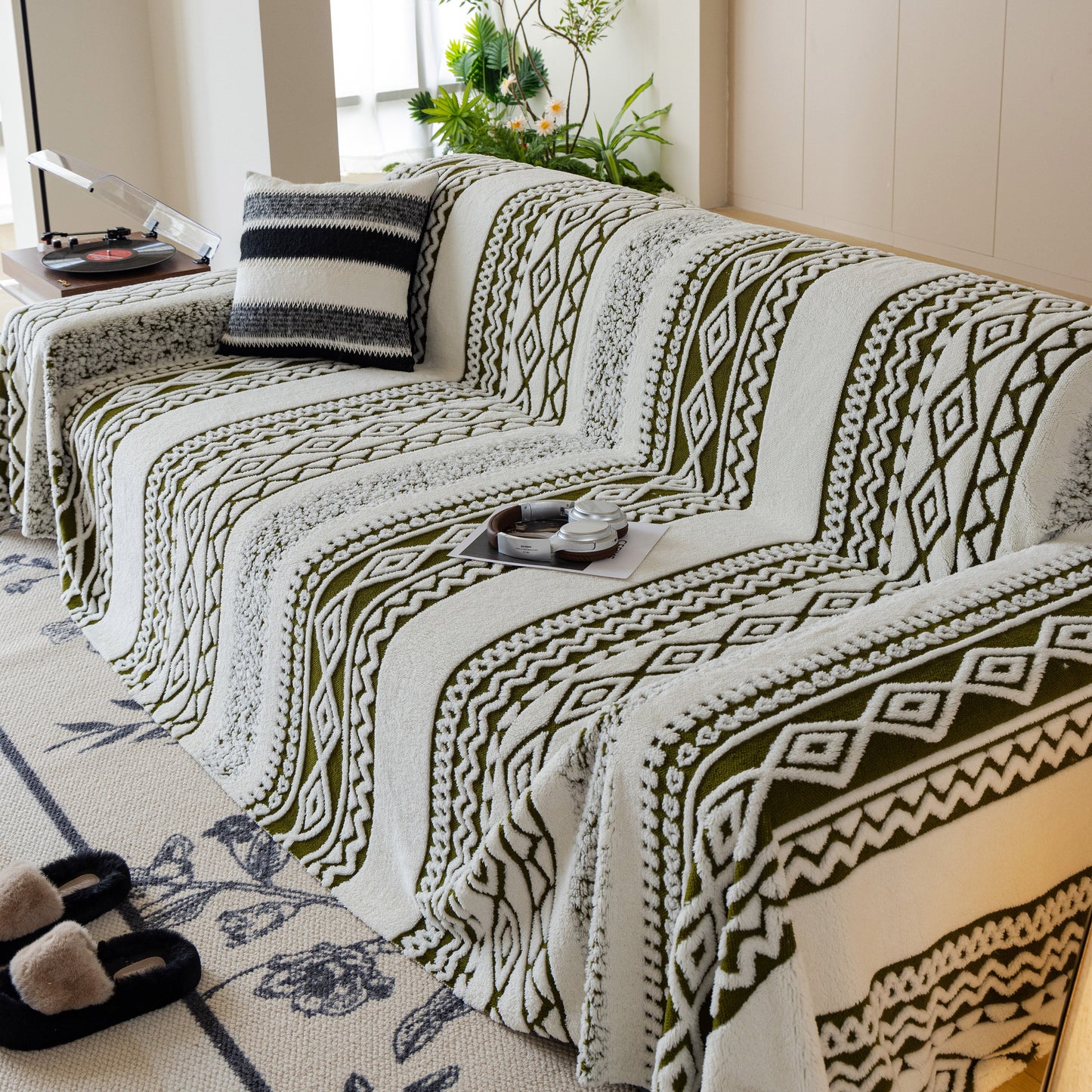 Bohemian Tufted Sofa Cover, Plush Sherpa Throw Blanket with 3D Woven Aztec Stripes