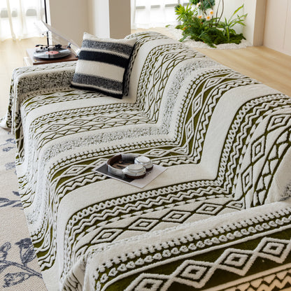 Bohemian Tufted Sofa Cover, Plush Sherpa Throw Blanket with 3D Woven Aztec Stripes