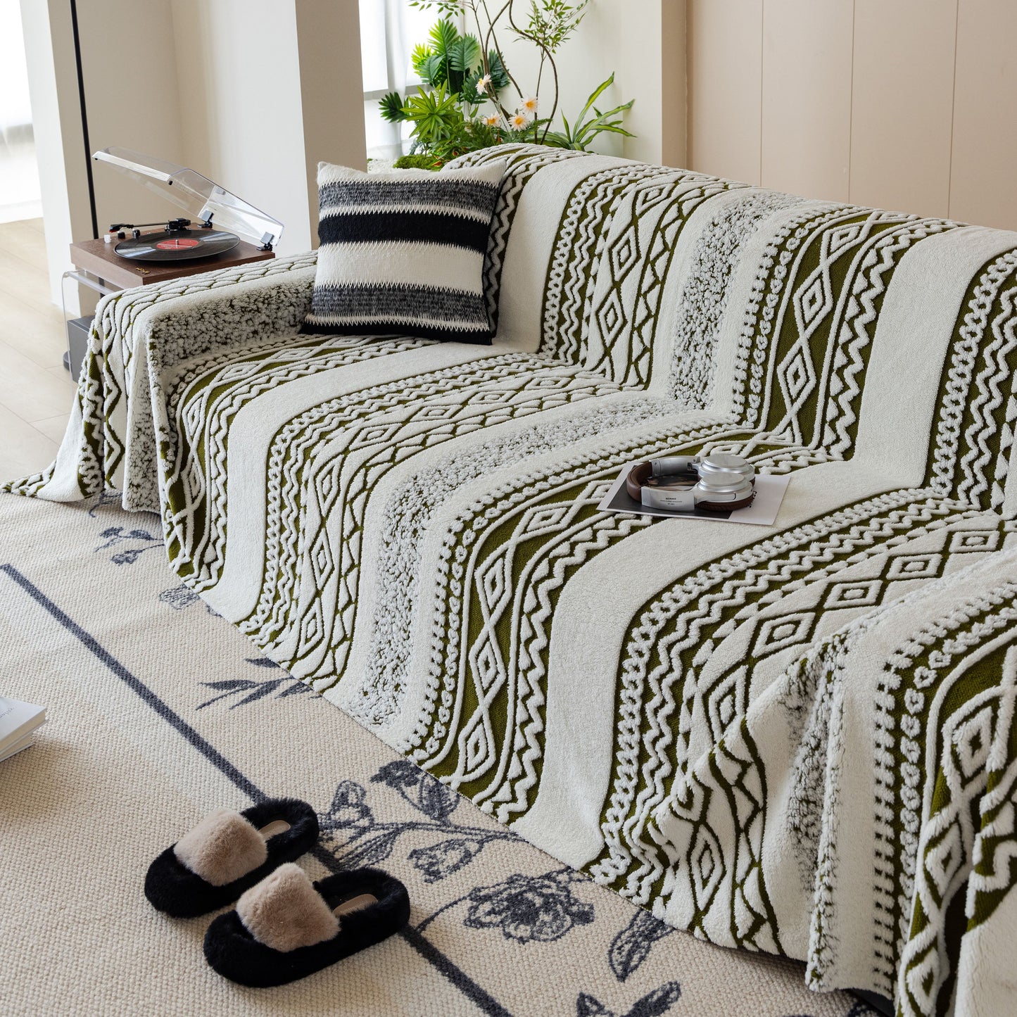 Bohemian Tufted Sofa Cover, Plush Sherpa Throw Blanket with 3D Woven Aztec Stripes