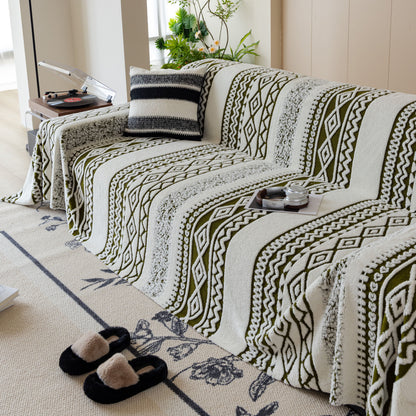 Bohemian Tufted Sofa Cover, Plush Sherpa Throw Blanket with 3D Woven Aztec Stripes