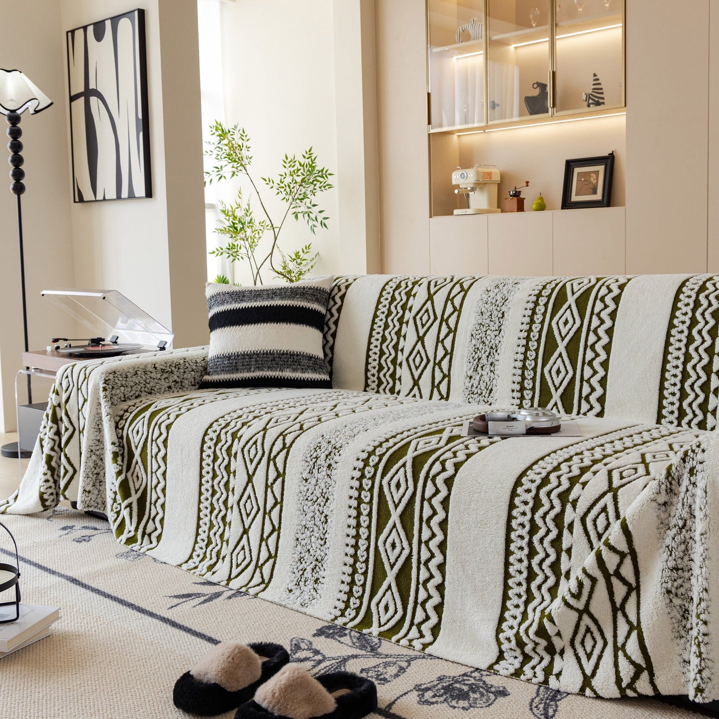 Bohemian Tufted Sofa Cover, Plush Sherpa Throw Blanket with 3D Woven Aztec Stripes