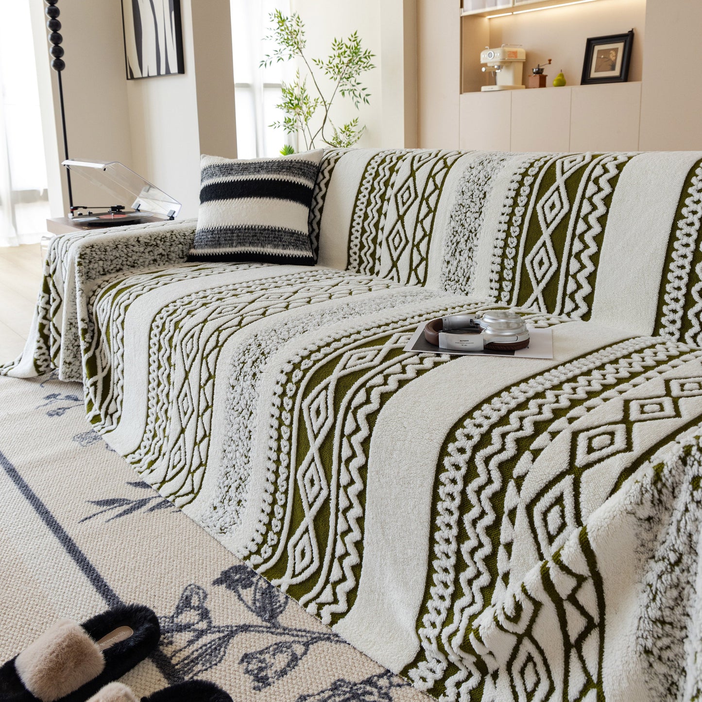 Bohemian Tufted Sofa Cover, Plush Sherpa Throw Blanket with 3D Woven Aztec Stripes