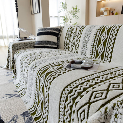 Bohemian Tufted Sofa Cover, Plush Sherpa Throw Blanket with 3D Woven Aztec Stripes