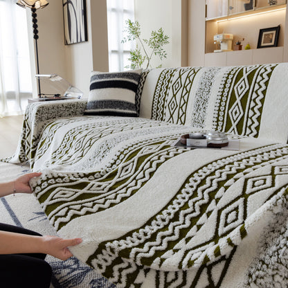 Bohemian Tufted Sofa Cover, Plush Sherpa Throw Blanket with 3D Woven Aztec Stripes