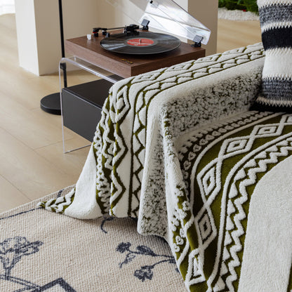 Bohemian Tufted Sofa Cover, Plush Sherpa Throw Blanket with 3D Woven Aztec Stripes