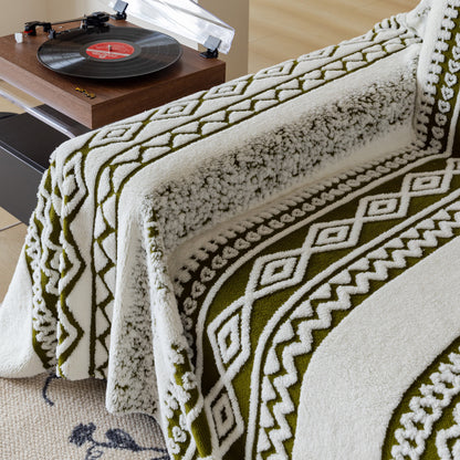 Bohemian Tufted Sofa Cover, Plush Sherpa Throw Blanket with 3D Woven Aztec Stripes